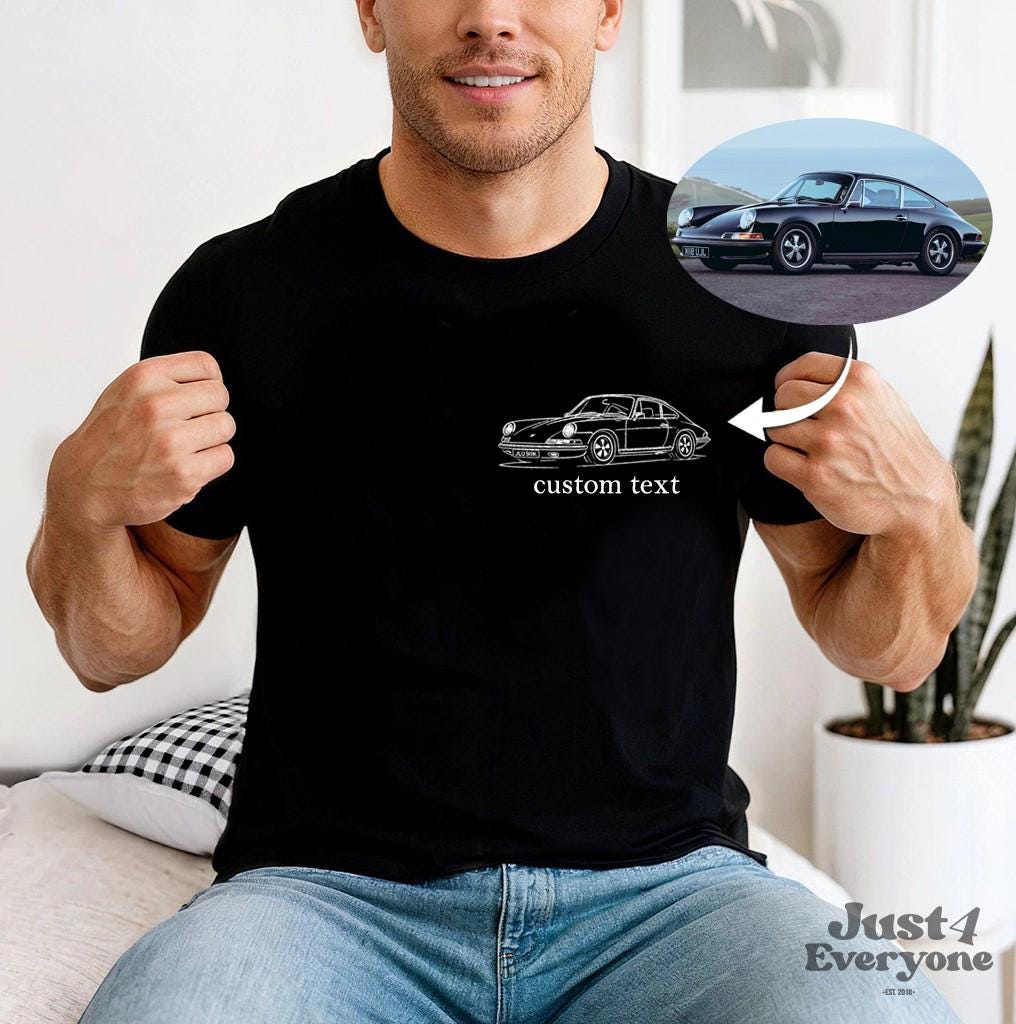 Personalized Car Shirt for Men, Custom Line Art Car Drawing from Photo, Automotive T Shirt or Sweatshirt Gift for Him