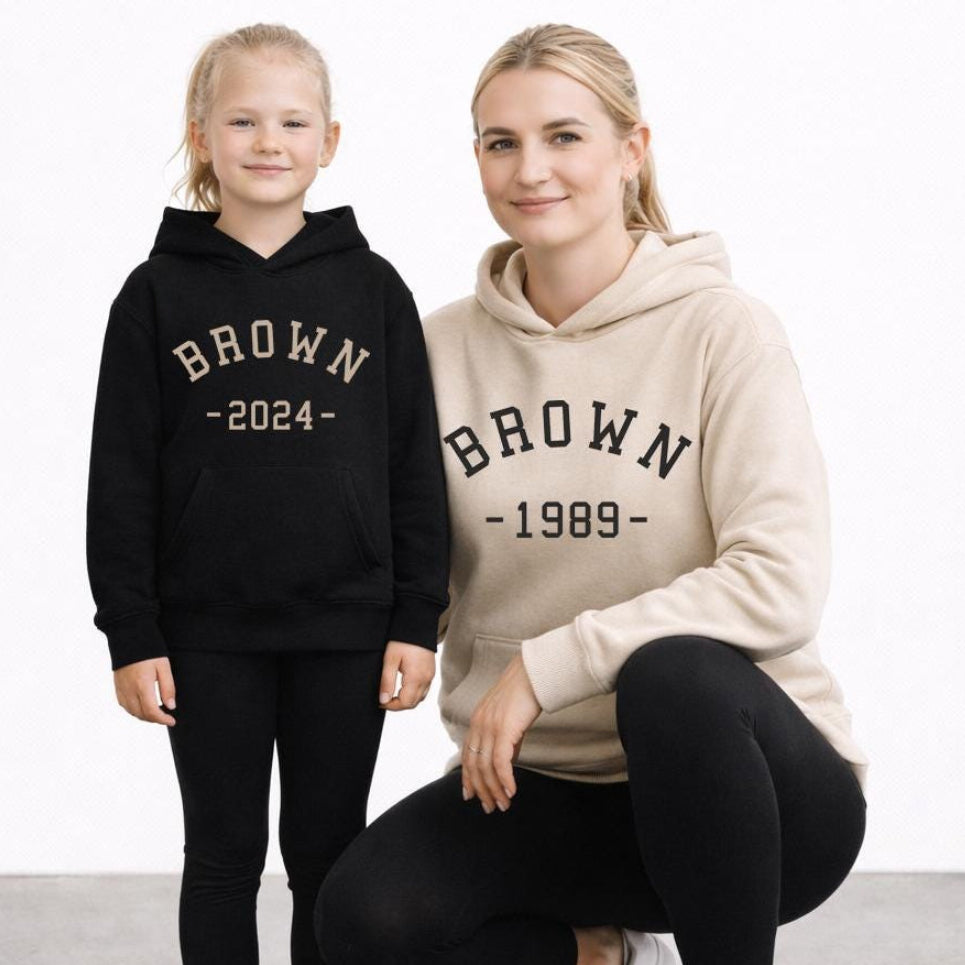 Family Matching Hoodies with Last Name and Year, Mommy and Me Hoodies, Personalized Mom and Kid Sweatshirts, Custom Family Outfit