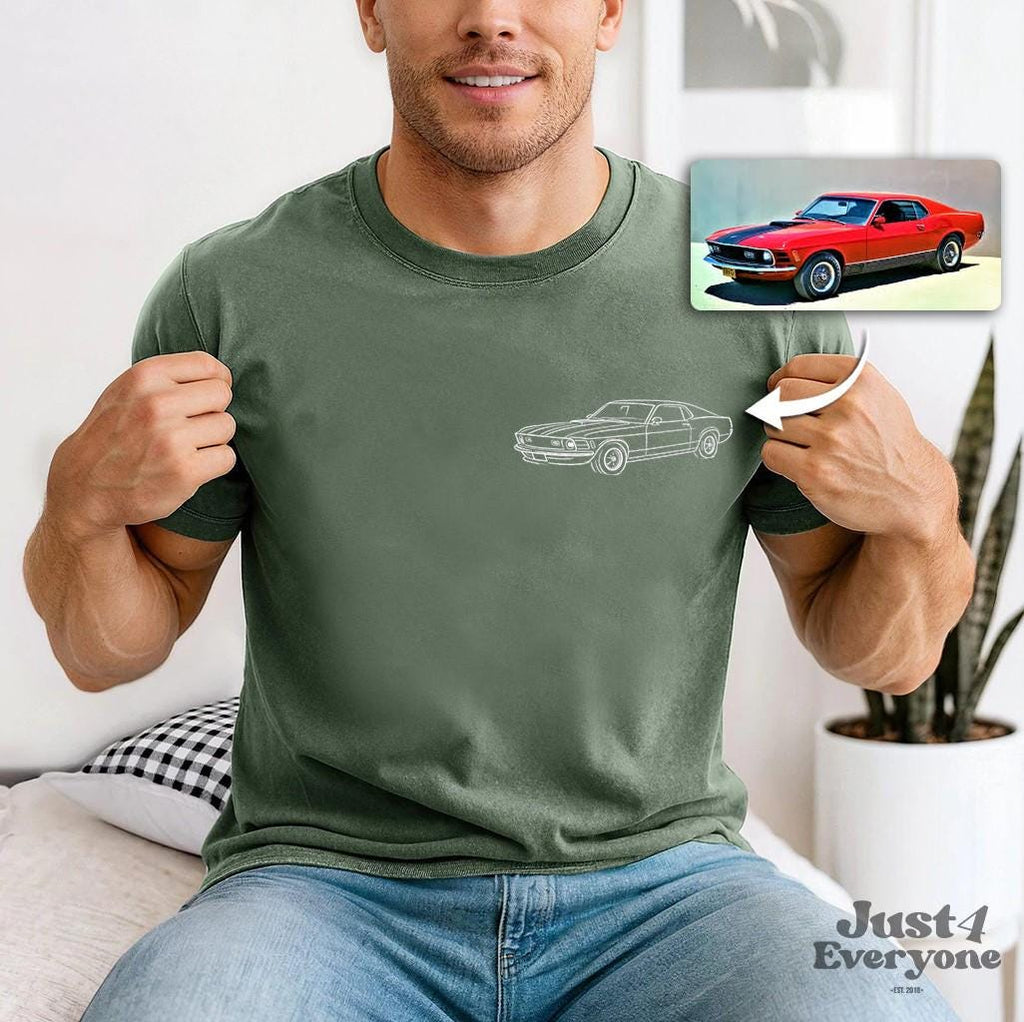 Personalized Car Shirt for Men, Custom Line Art Car Drawing from Photo, Automotive T Shirt or Sweatshirt Gift for Him