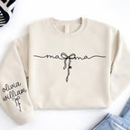 Mama Sweatshirt with Name on Sleeve, Custom Mama Shirt, Personalized Mom Gift, Minimal Line Art Bow, Mother’s Day Gift