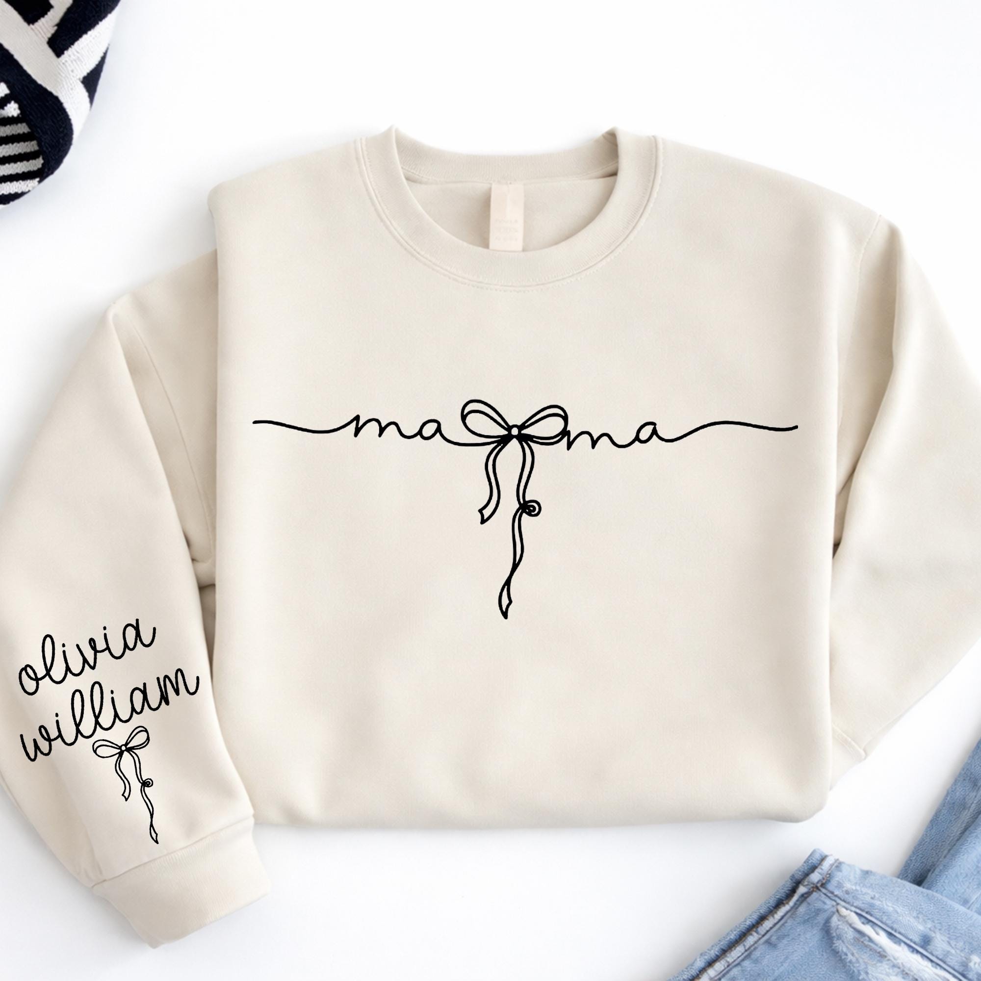 Mama Sweatshirt with Name on Sleeve, Custom Mama Shirt, Personalized Mom Gift, Minimal Line Art Bow, Mother’s Day Gift