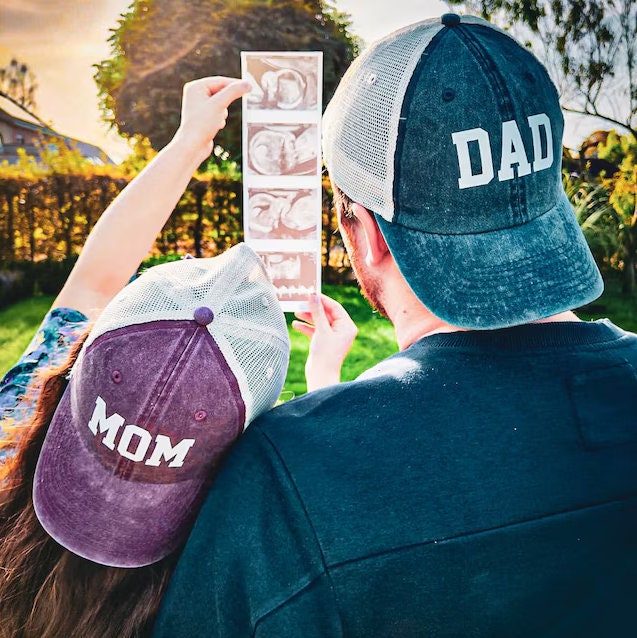 Mom and Dad Hats, Pregnancy Announcement Hat, Gender Reveal Hats, Pigment Dyed Baseball Caps, Unisex Hats, Vintage Style Caps, Matching Hats