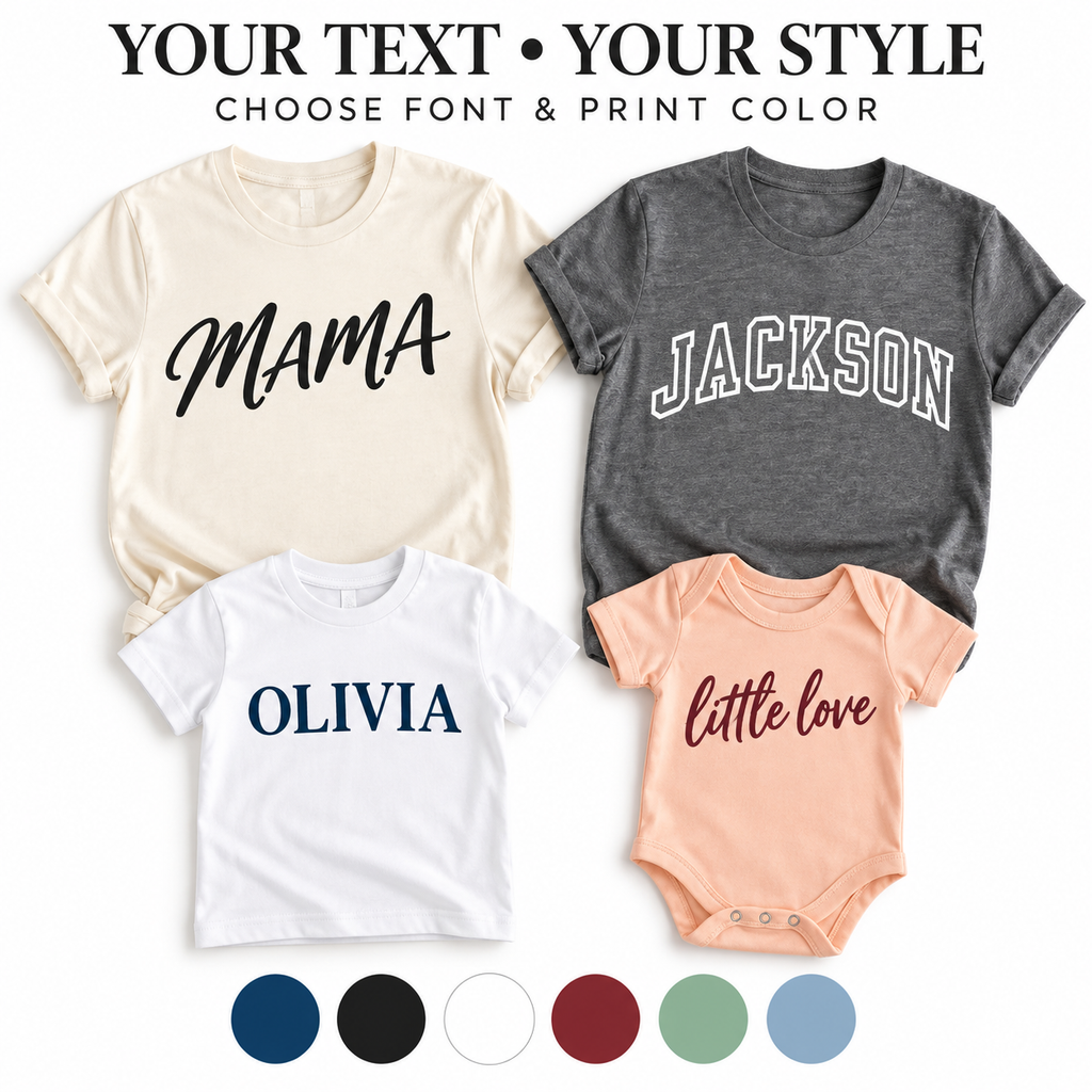 Personalized Custom Text T-Shirt or Baby Bodysuit – Choose Font & Color, Custom Name or Word Shirt