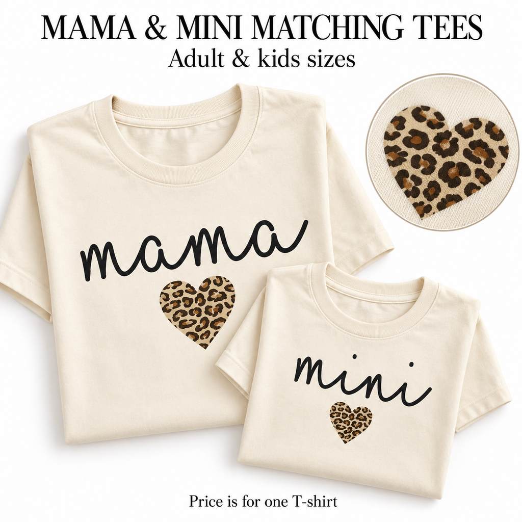 Matching natural Mama and Mini T-shirts with black script lettering and leopard-print heart designs.