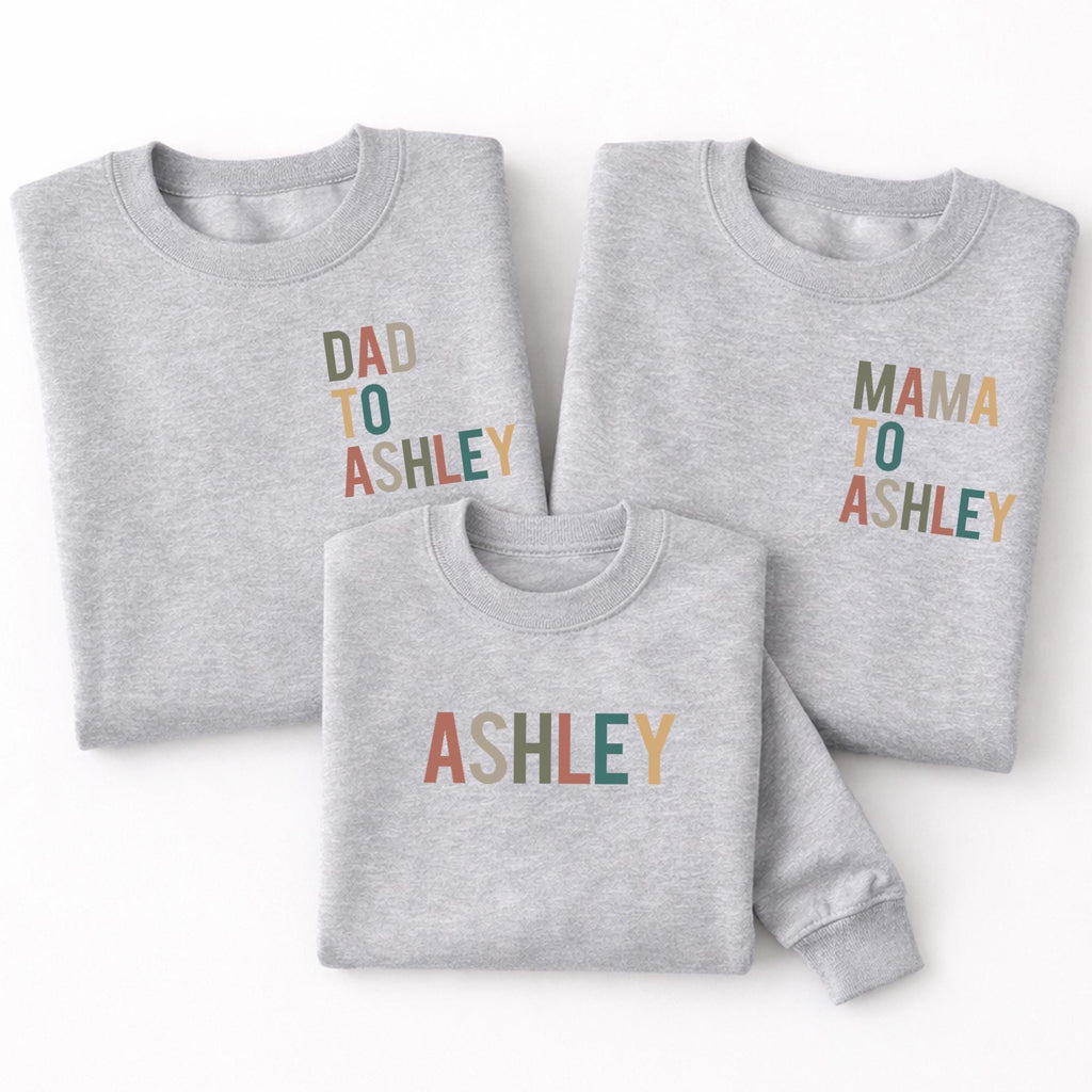 Personalized Family Sweatshirts Set, Mama Dad Kid Matching Shirts, Custom Name Mom Dad Child Outfit Gift
