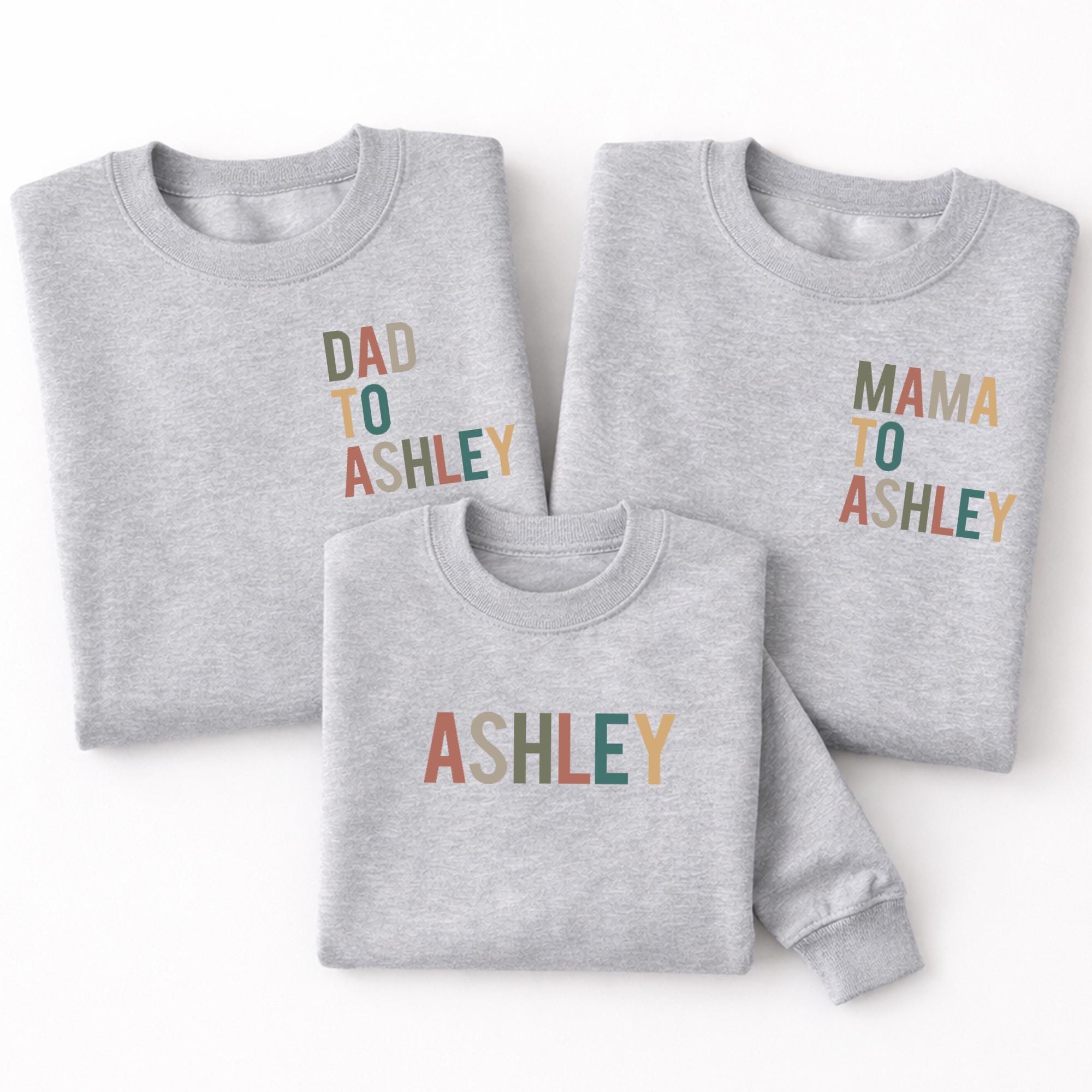Personalized Family Sweatshirts Set, Mama Dad Kid Matching Shirts, Custom Name Mom Dad Child Outfit Gift