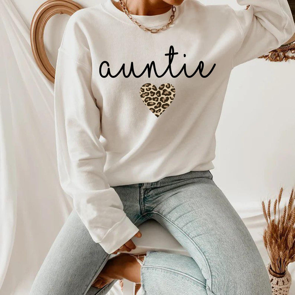 Auntie Leopard Heart Sweatshirt, Unique Aunt Gift Idea, Leopard Print Design Tee for Aunt, Cozy and Trendy, Birthday or Holiday Present