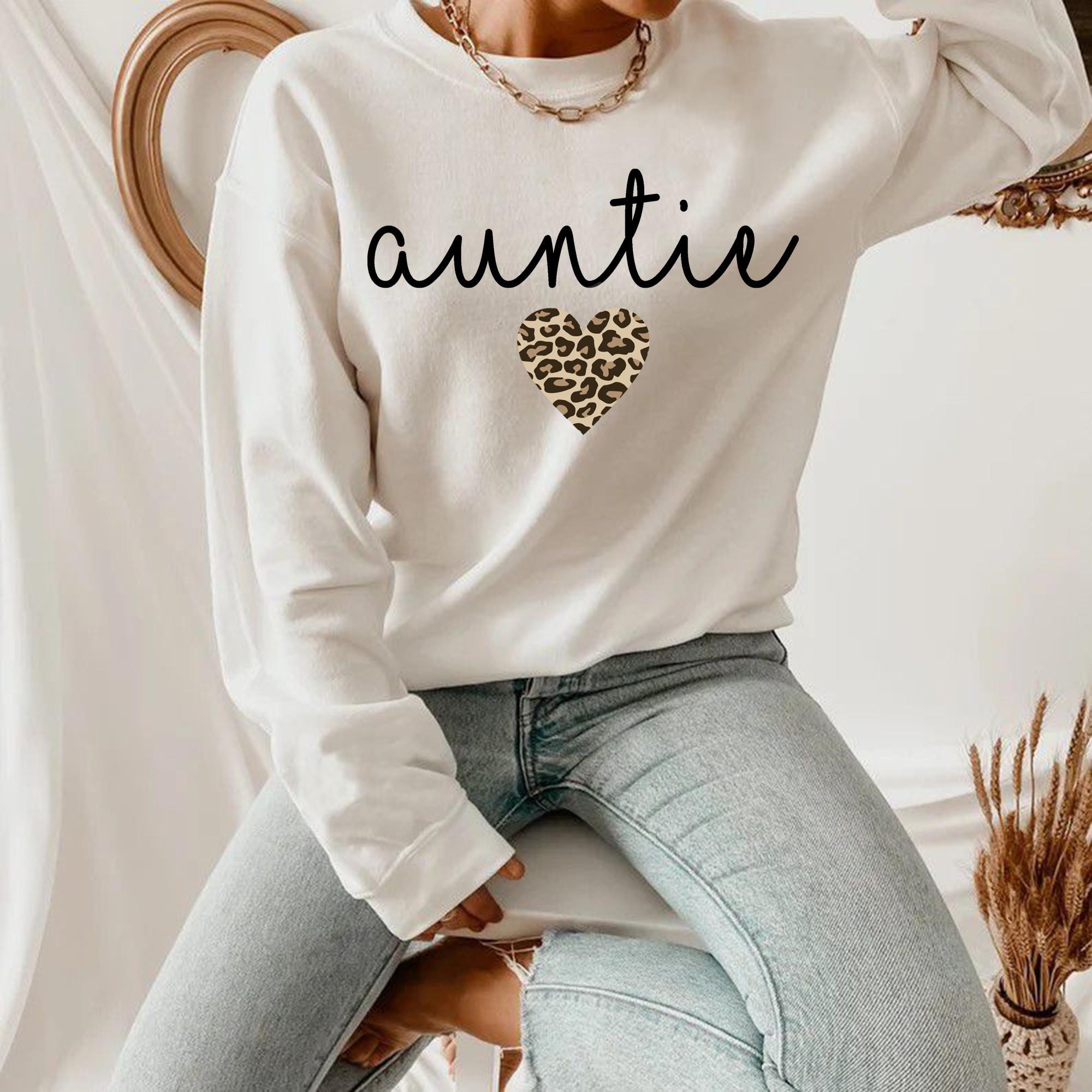Auntie Leopard Heart Sweatshirt, Unique Aunt Gift Idea, Leopard Print Design Tee for Aunt, Cozy and Trendy, Birthday or Holiday Present