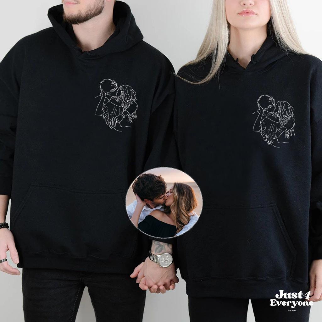 Couple Hoodie: Custom Portrait Outline, Personalized Sweatshirt, Custom T-shirt, Custom Outline Drawing Comfy Hoody, Memorial Gifts for Him