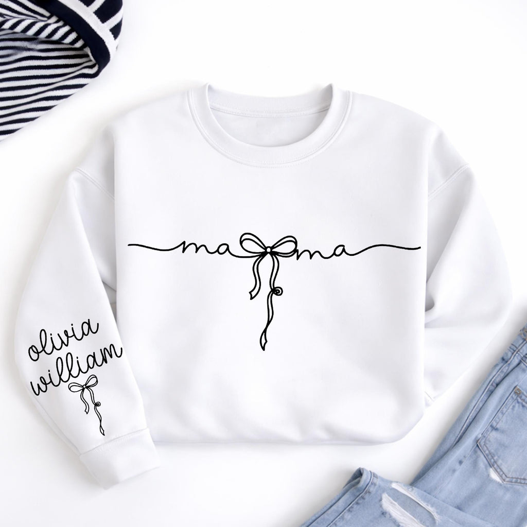 Mama Sweatshirt with Name on Sleeve, Custom Mama Shirt, Personalized Mom Gift, Minimal Line Art Bow, Mother’s Day Gift