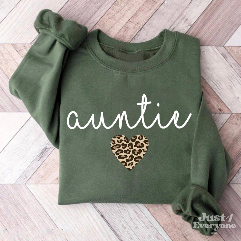 Auntie Leopard Heart Sweatshirt, Unique Aunt Gift Idea, Leopard Print Design Tee for Aunt, Cozy and Trendy, Birthday or Holiday Present