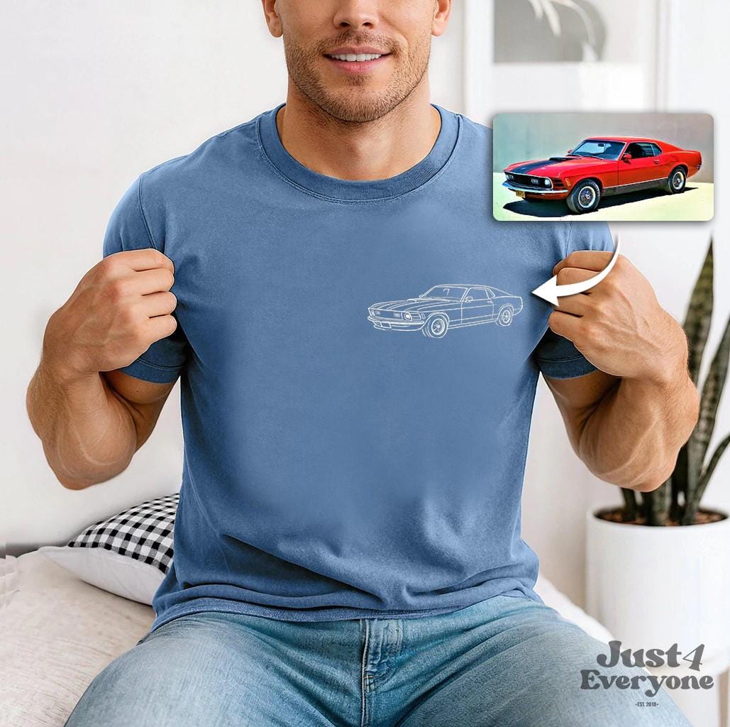 Custom Car Line Art Shirt from Photo, Personalized Classic Car Drawing T Shirt or Sweatshirt, Minimal Automotive Gift for Him