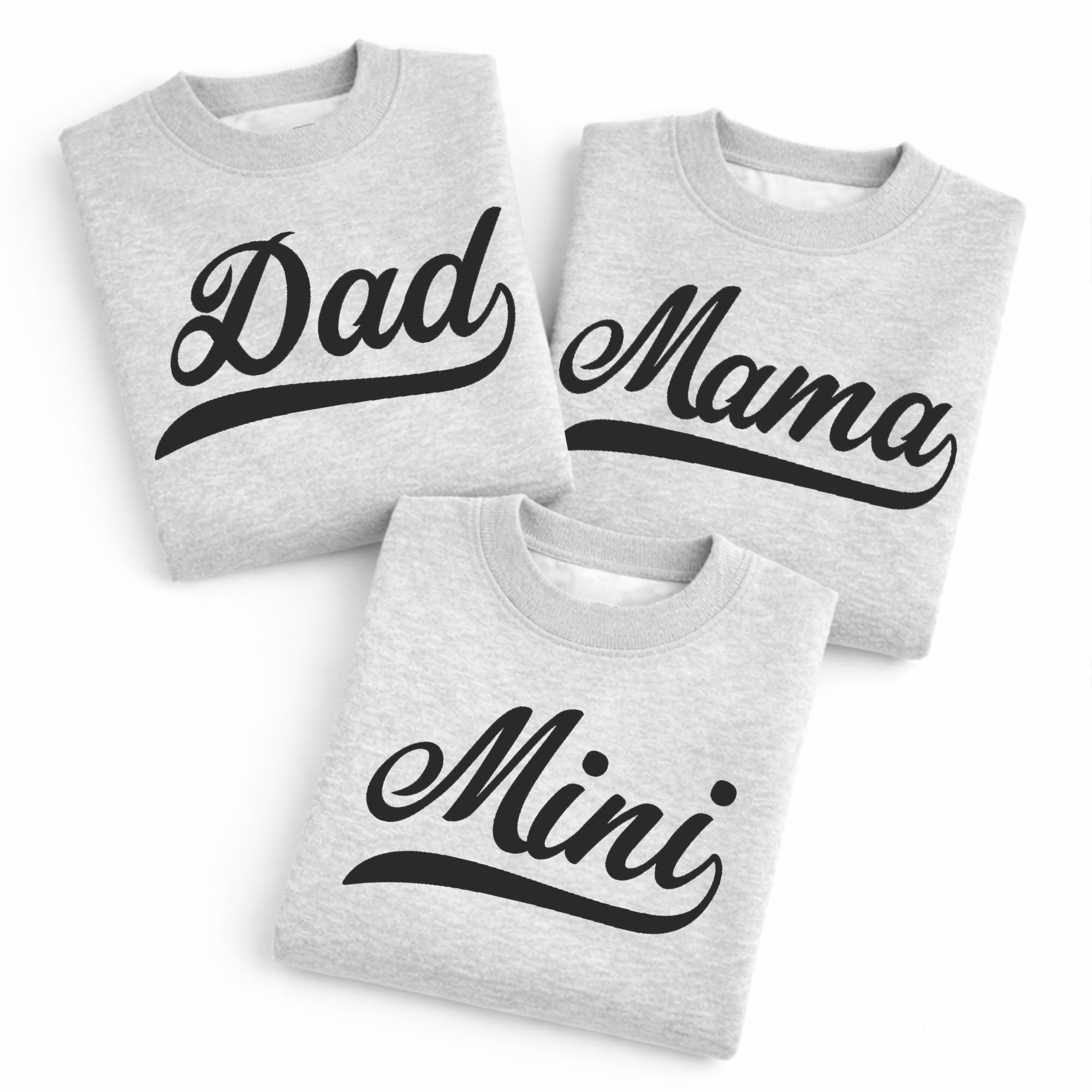 Mama Dad Mini Matching Shirts, Family Matching Sweatshirts, Mom Dad Child Outfit, Minimal Script Family Shirts, Family Gift