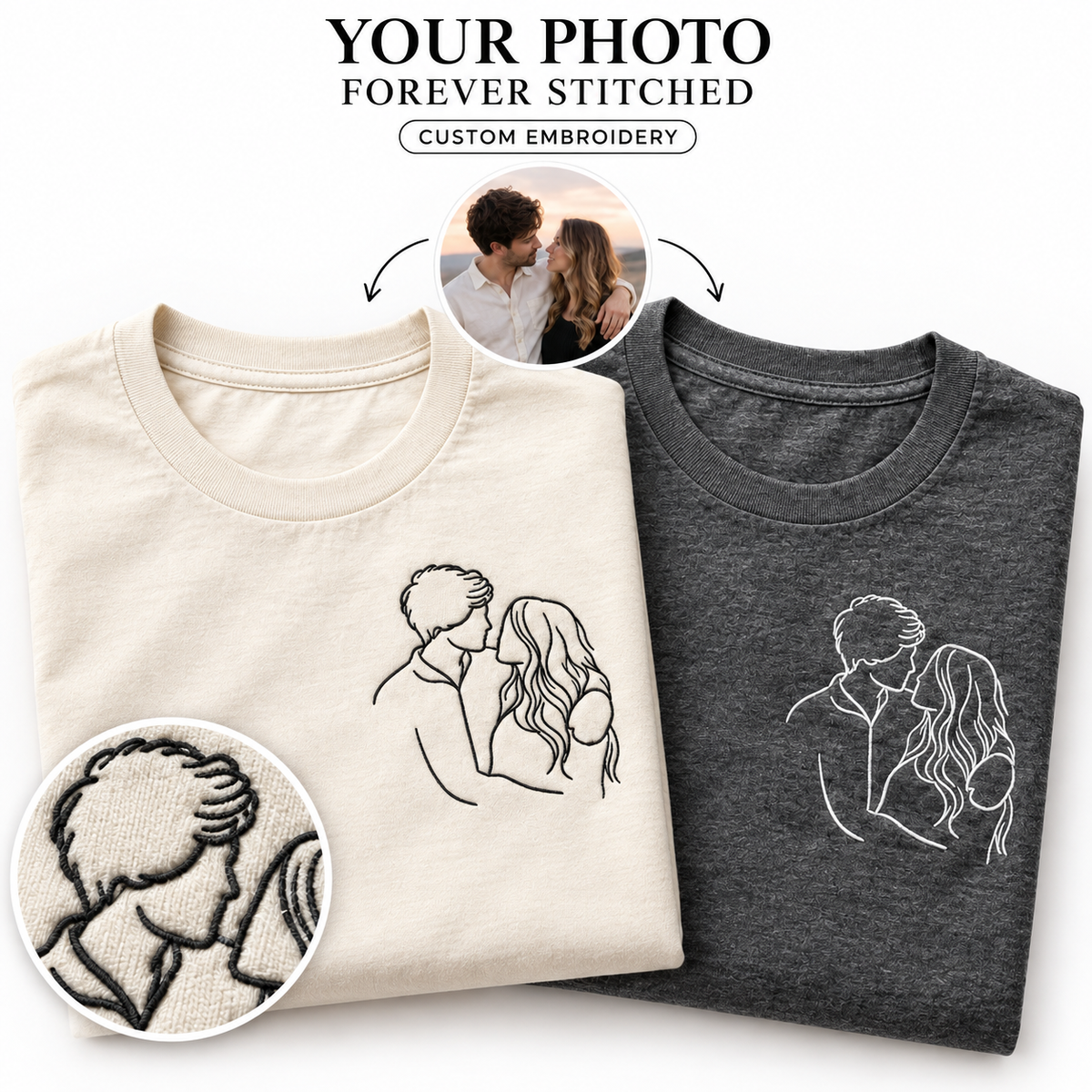Custom photo line art embroidery on T-shirts, showing a couple transformed from a personal photo into a minimalist stitched portrait.