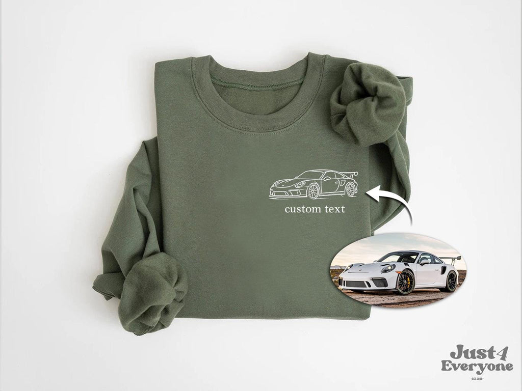 Personalized Car Shirt for Men, Custom Line Art Car Drawing from Photo, Automotive T Shirt or Sweatshirt Gift for Him