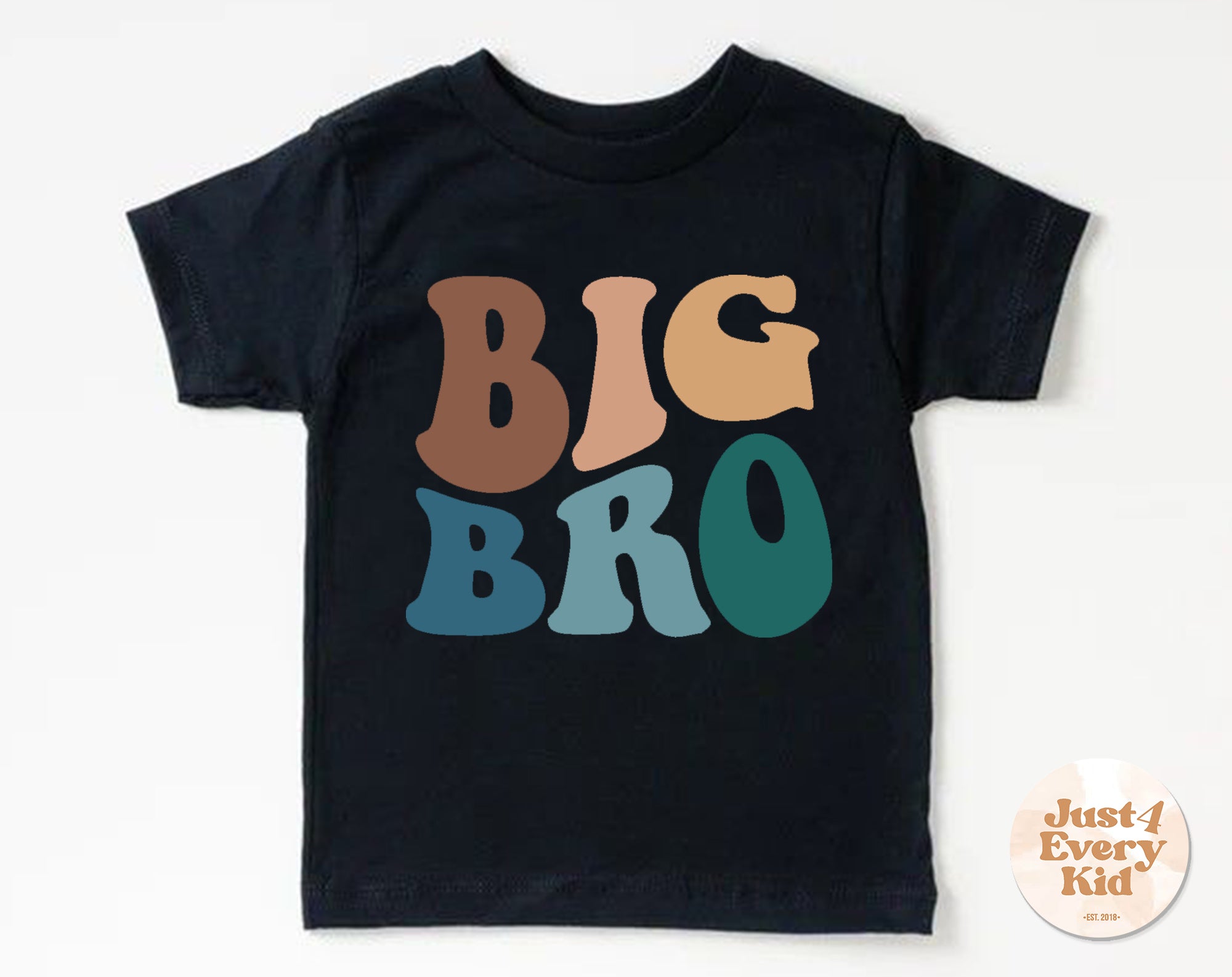 Black t-shirt with 'BIG BRO' in colorful letters on a white background