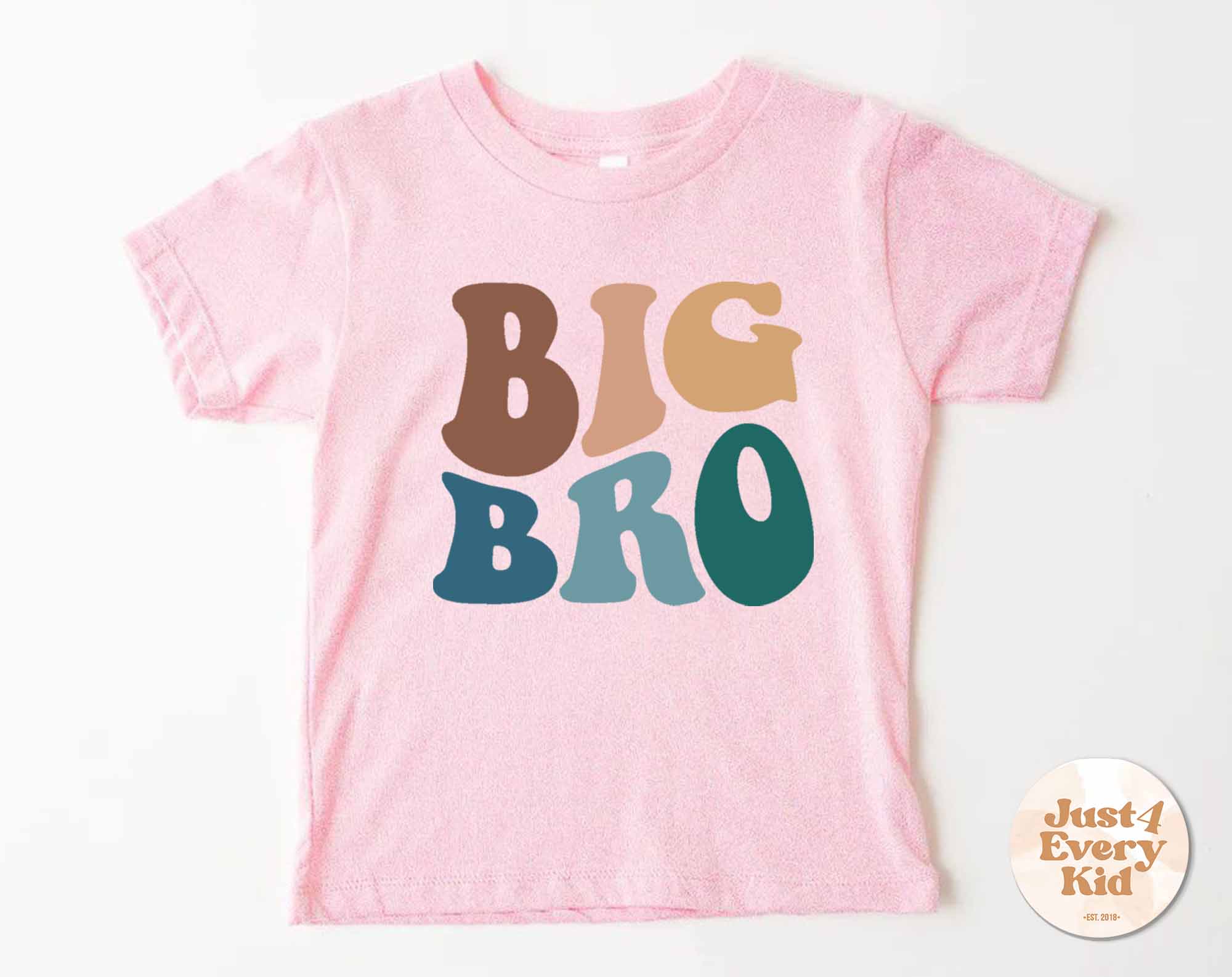 Pink t-shirt with 'BIG BRO' text on a white background