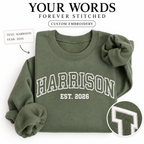 Custom Embroidered Sweatshirt, Personalized College Style Text Crewneck, Unisex Custom Name Hoodie or Sweatshirt Gift