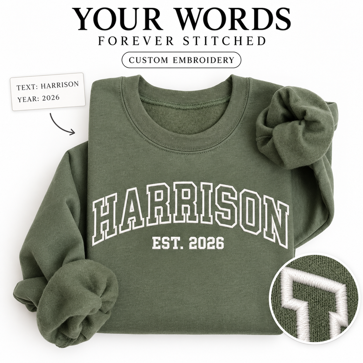Custom Embroidered Sweatshirt, Personalized College Style Crewneck, Unisex Custom Text Pullover, Minimal Embroidery Gift
