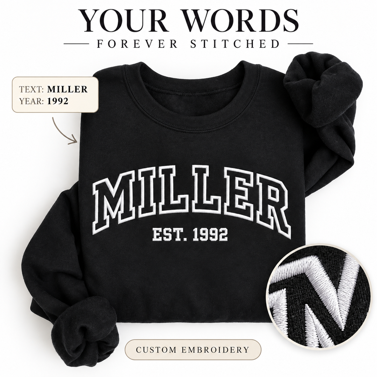Custom Embroidered Sweatshirt, Personalized College Style Crewneck, Unisex Custom Text Pullover, Minimal Embroidery Gift