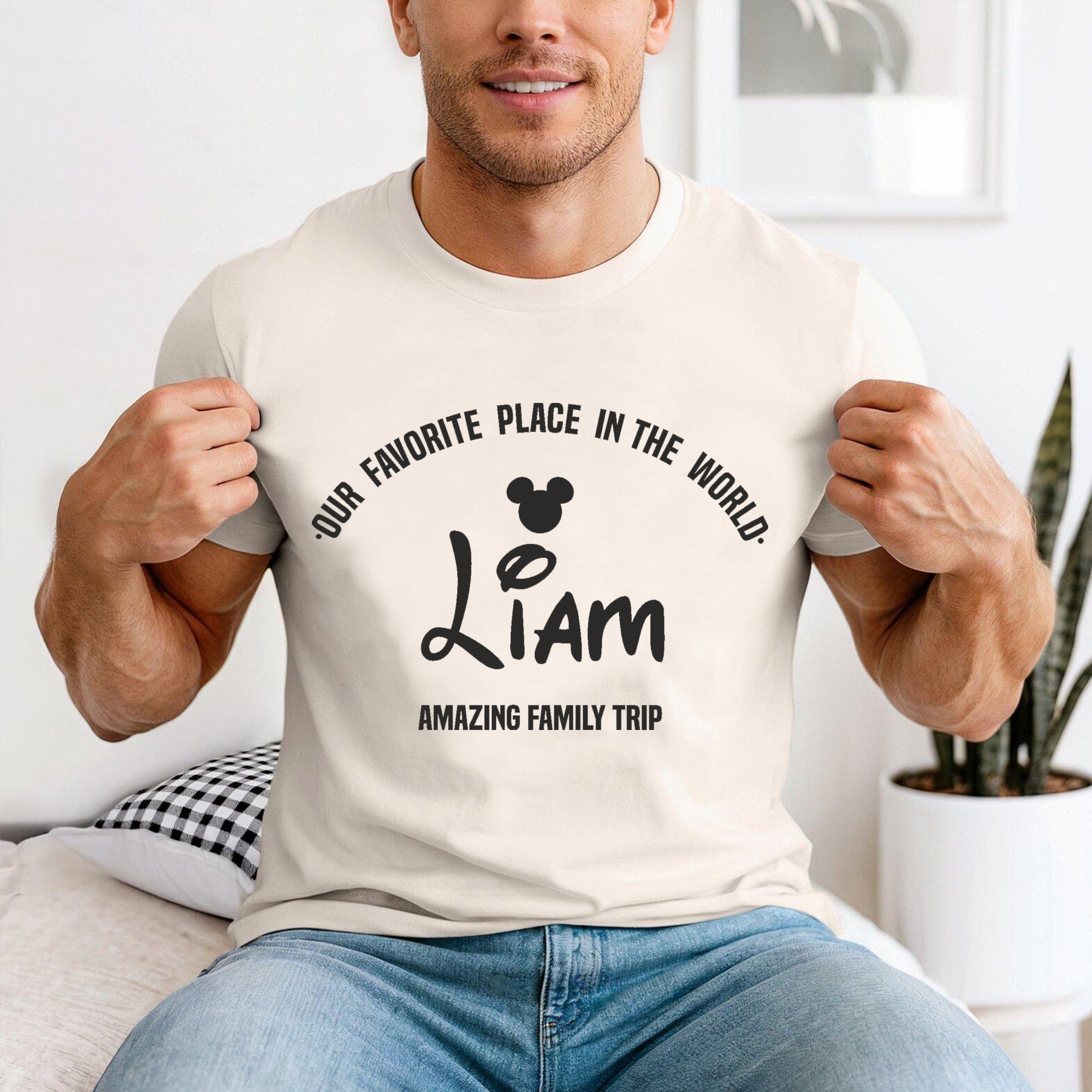 Man wearing a t-shirt with personalized text and design