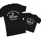 Two black t-shirts with white text and Mickey Mouse icons on a white background