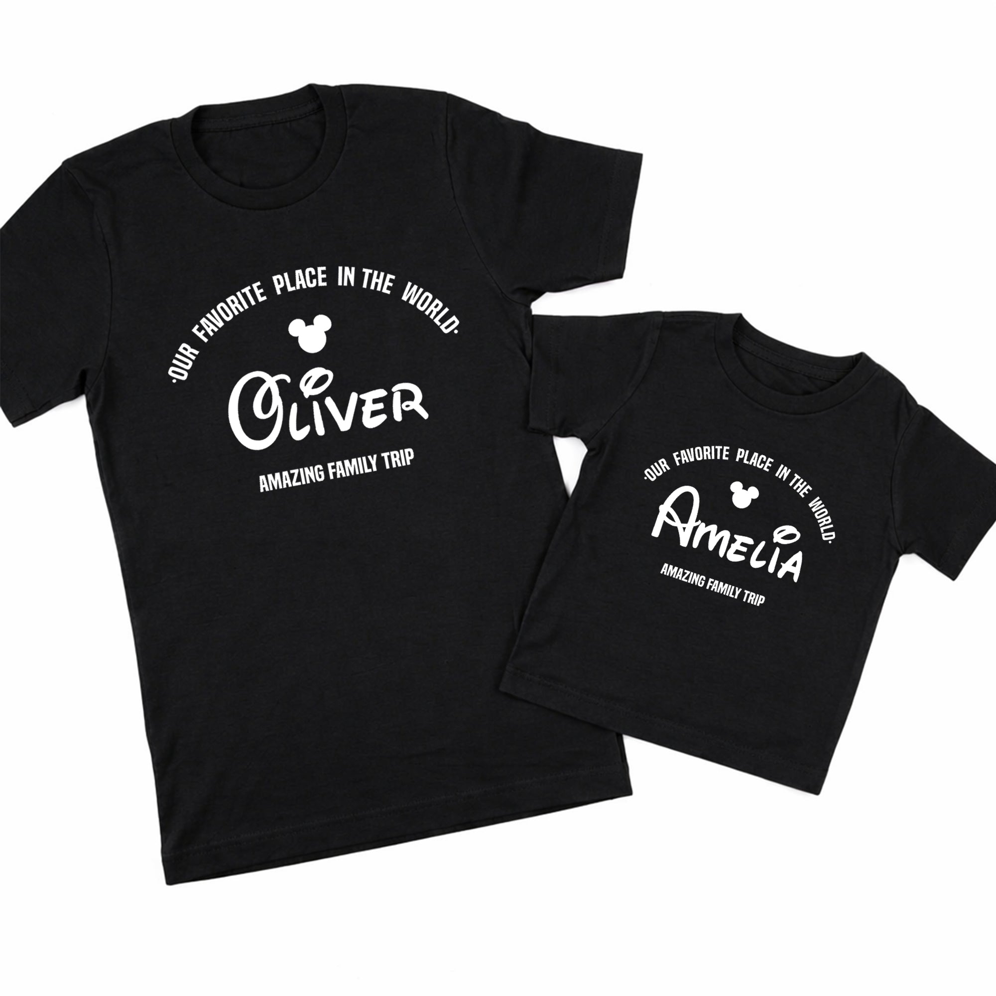 Two black t-shirts with white text and Mickey Mouse icons on a white background