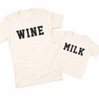 Two cream-colored t-shirts with 'WINE' and 'MILK' text on a white background