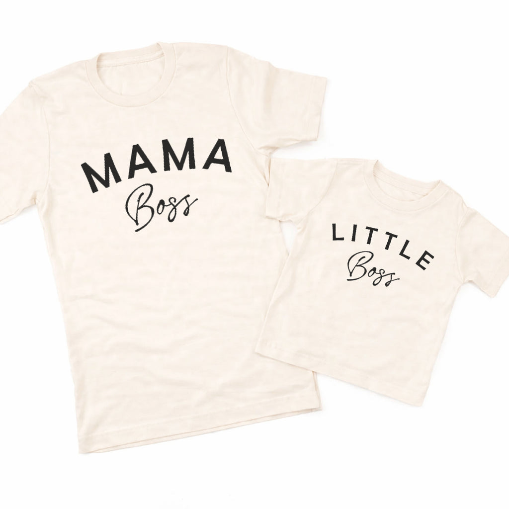 Two natural colored t-shirts with 'MAMA Boss' and 'LITTLE BOSS' text on a white background