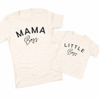 Two natural colored t-shirts with 'MAMA Boss' and 'LITTLE BOSS' text on a white background