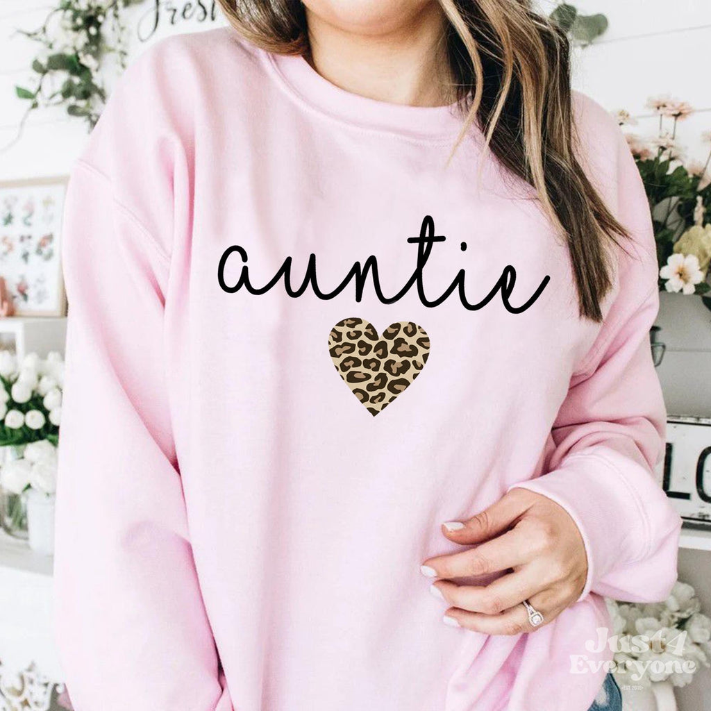 Auntie Leopard Heart Sweatshirt, Unique Aunt Gift Idea, Leopard Print Design Tee for Aunt, Cozy and Trendy, Birthday or Holiday Present