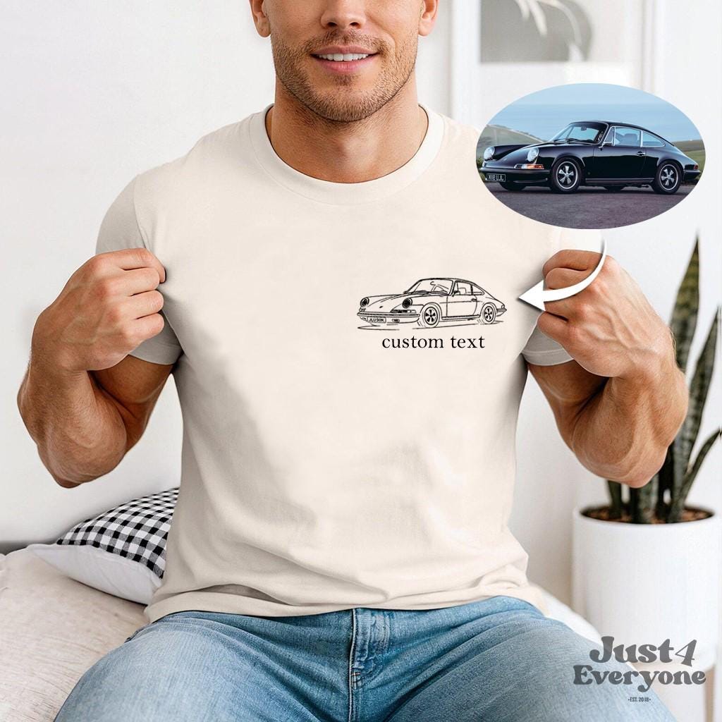 Personalized Car Shirt for Men, Custom Line Art Car Drawing from Photo, Automotive T Shirt or Sweatshirt Gift for Him