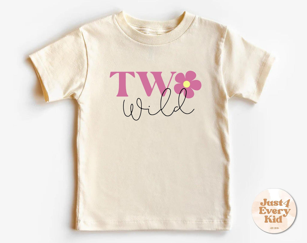 Beige t-shirt with 'TW Wild' text and flower design on a white background