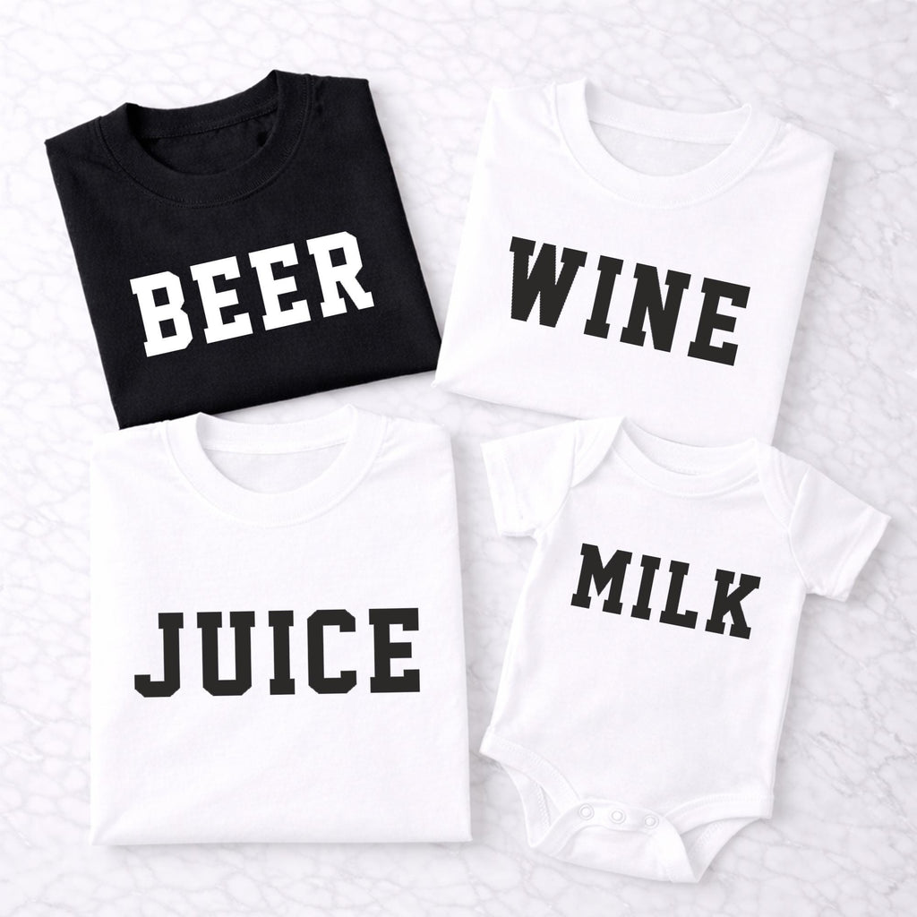 Beer Wine Juice Milk Family Shirts, Funny Matching Family Outfits, Mom Dad Kid Shirts, Baby Bodysuit Set, Family Gift