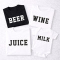 Beer Wine Juice Milk Family Shirts, Funny Matching Family Outfits, Mom Dad Kid Shirts, Baby Bodysuit Set, Family Gift