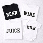 Beer Wine Juice Milk Family Shirts, Funny Matching Family Outfits, Mom Dad Kid Shirts, Baby Bodysuit Set, Family Gift