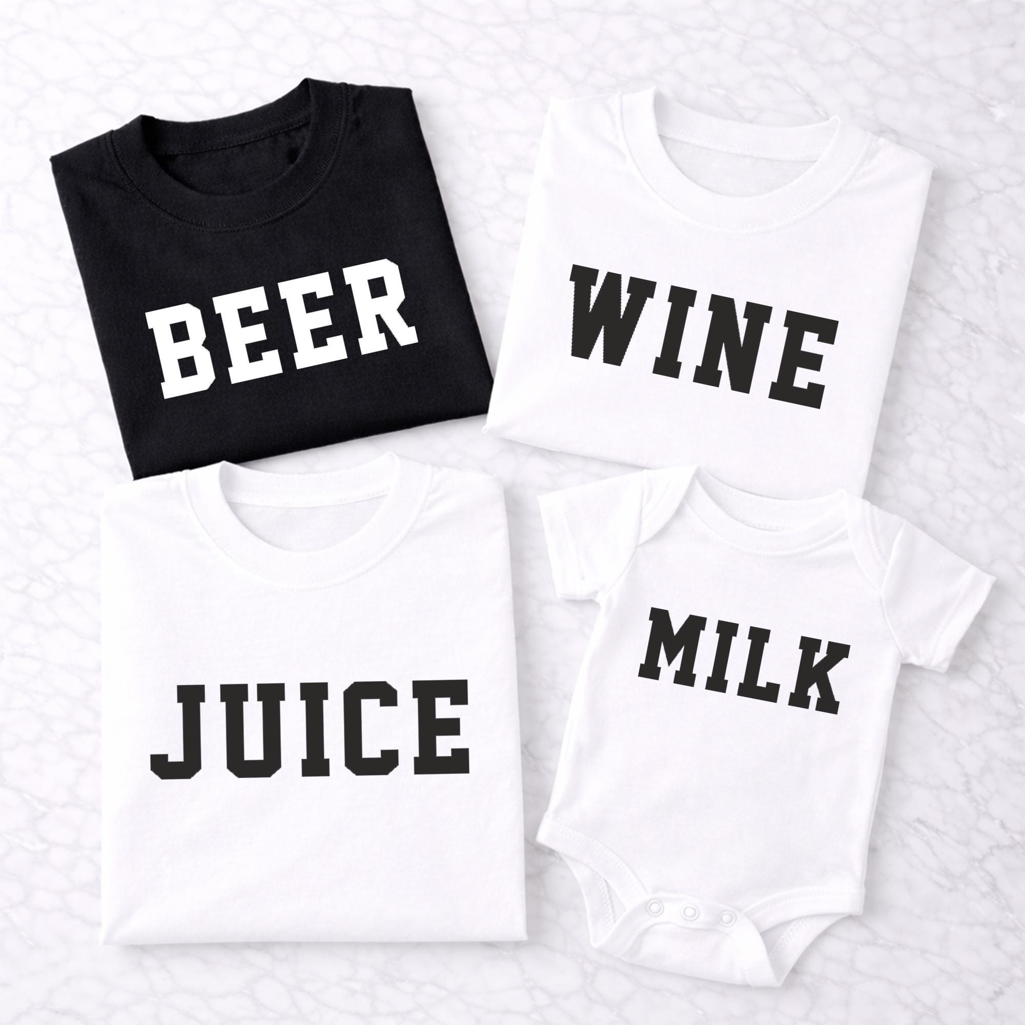 Beer Wine Juice Milk Family Shirts, Funny Matching Family Outfits, Mom Dad Kid Shirts, Baby Bodysuit Set, Family Gift