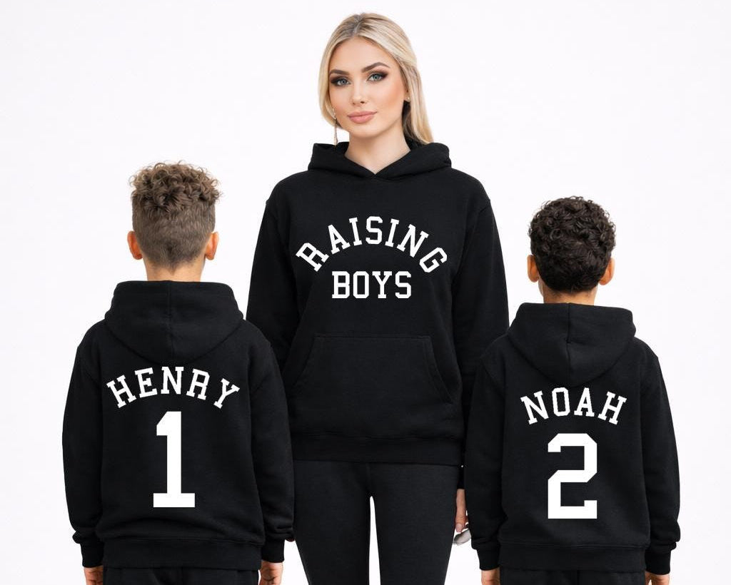 Raising Boys Hoodie, Mommy and Sons Matching Hoodies, Personalized Kids Hoodies with Name and Number, Mom and Boys Outfit
