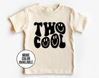 Beige t-shirt with 'Two Cool' text on a white background