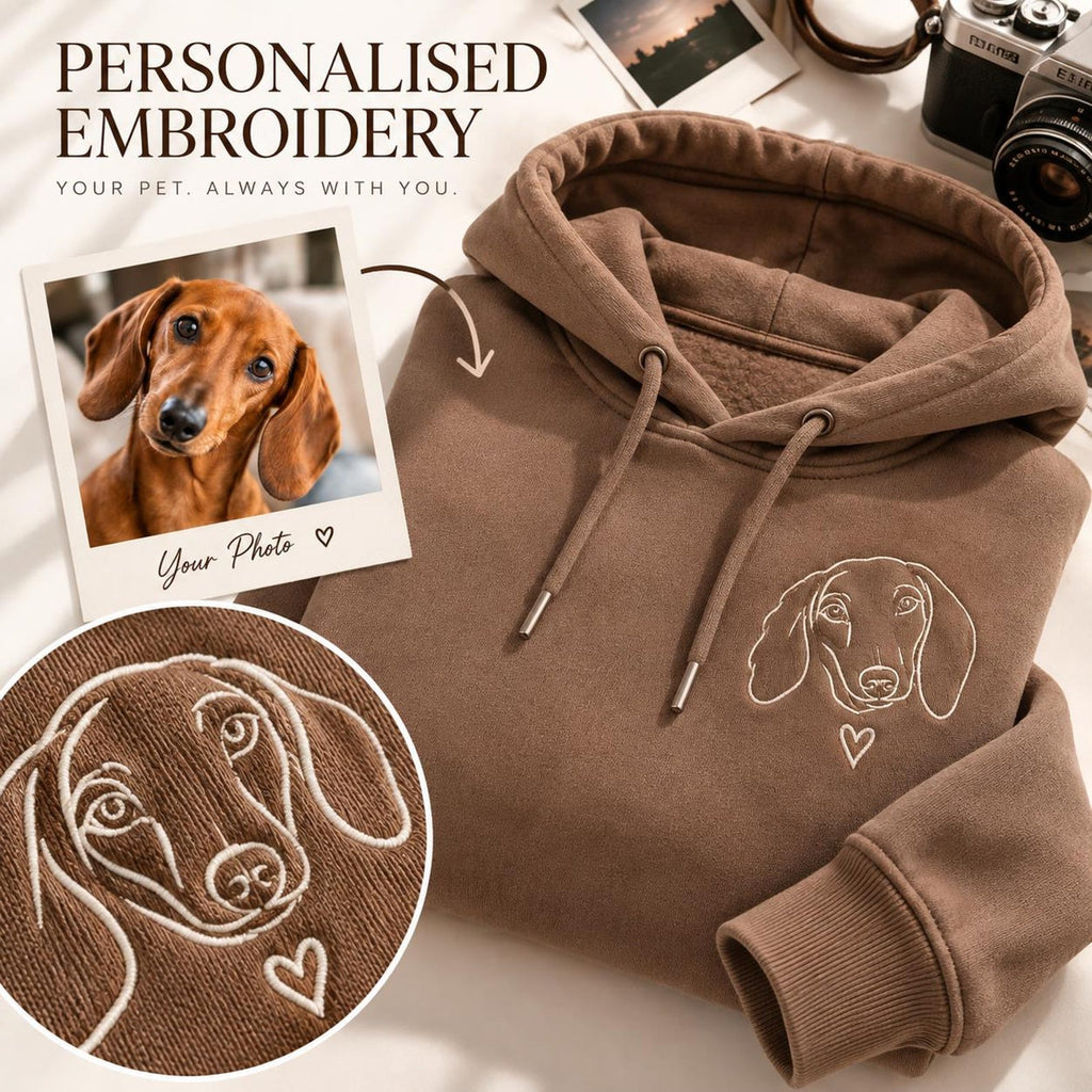 Mocha hoodie with a white embroidered dachshund portrait and small heart, personalized from a pet photo.