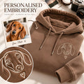 Mocha hoodie with a white embroidered dachshund portrait and small heart, personalized from a pet photo.