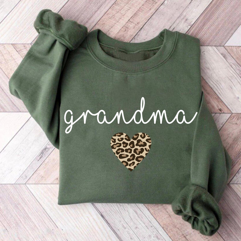 Grandma Sweatshirt with Leopard Heart, Gift for Grandma, Green Grandma Sweatshirt, Leopard Grandmother Pullover, Announcement Clothing Gifts