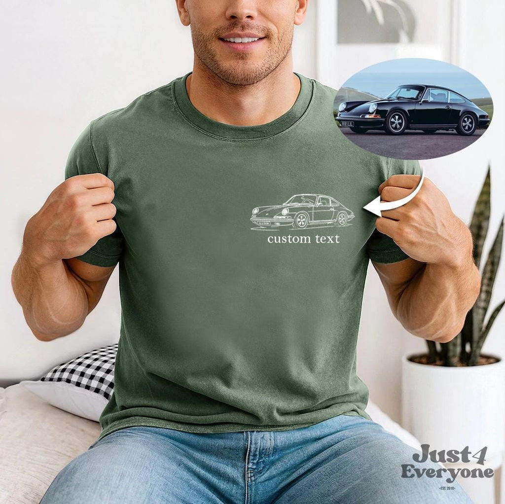 Personalized Car Shirt for Men, Custom Line Art Car Drawing from Photo, Automotive T Shirt or Sweatshirt Gift for Him