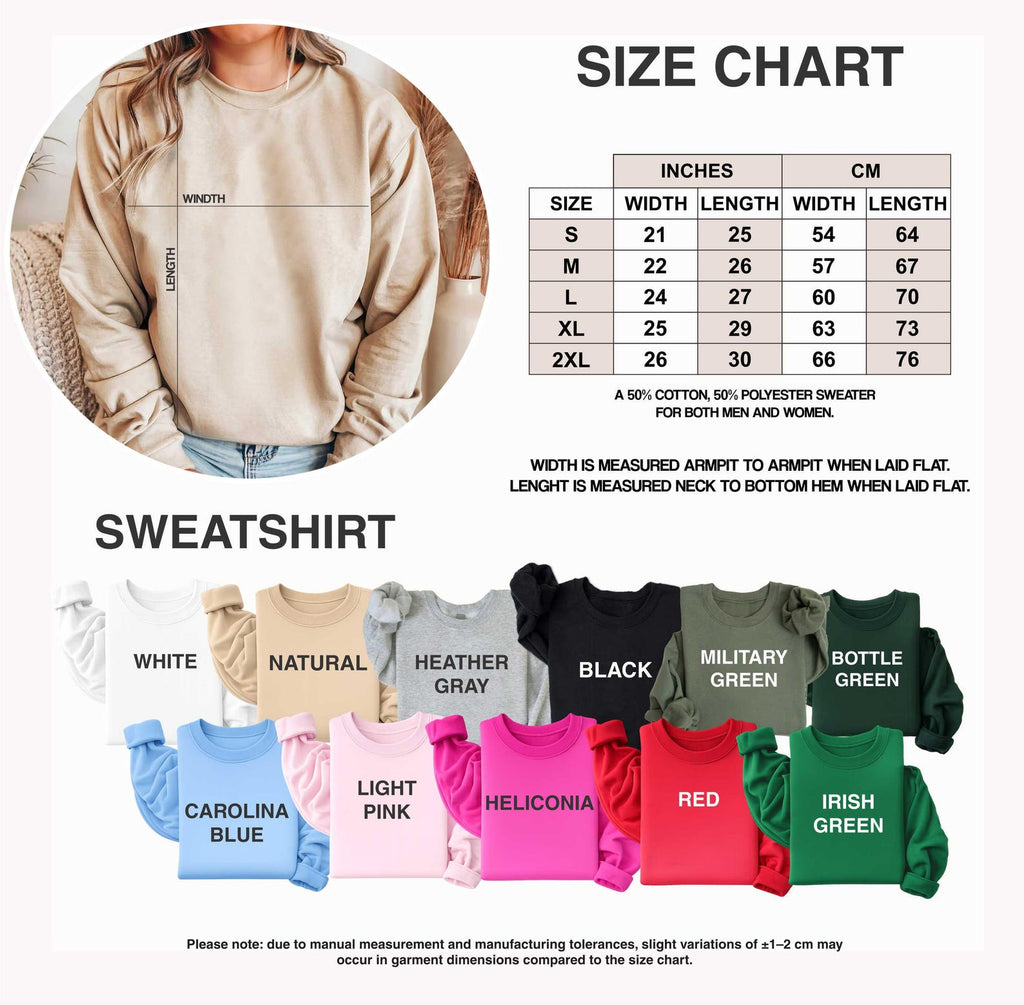 Adult sweatshirt size guide with measurements in inches and centimeters and a garment color chart.