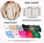 Adult sweatshirt size guide with measurements in inches and centimeters and a garment color chart.