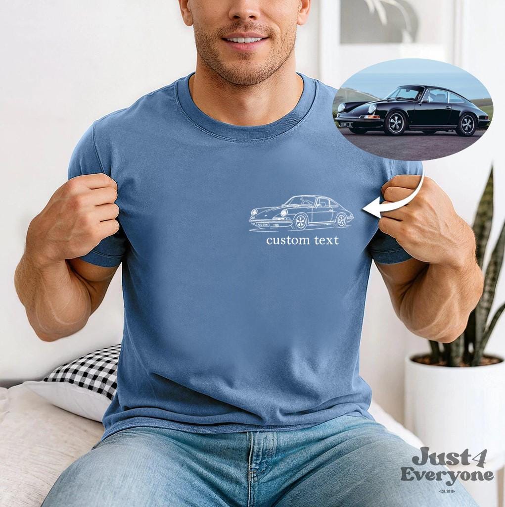 Personalized Car Shirt for Men, Custom Line Art Car Drawing from Photo, Automotive T Shirt or Sweatshirt Gift for Him