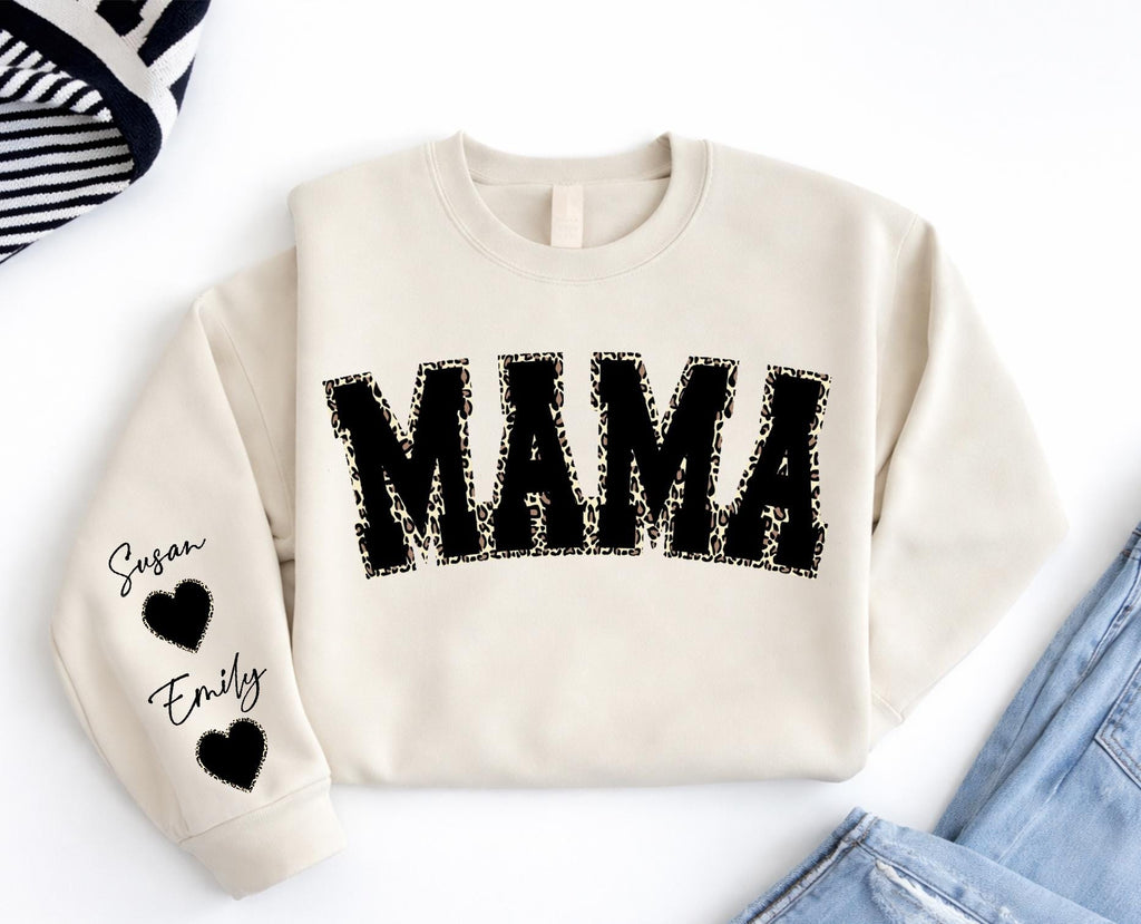 Mama Leopard Sweatshirt with Name on Sleeve, Personalized Mama Shirt, Custom Mom Gift, Leopard Print Mama, Mother’s Day Gift