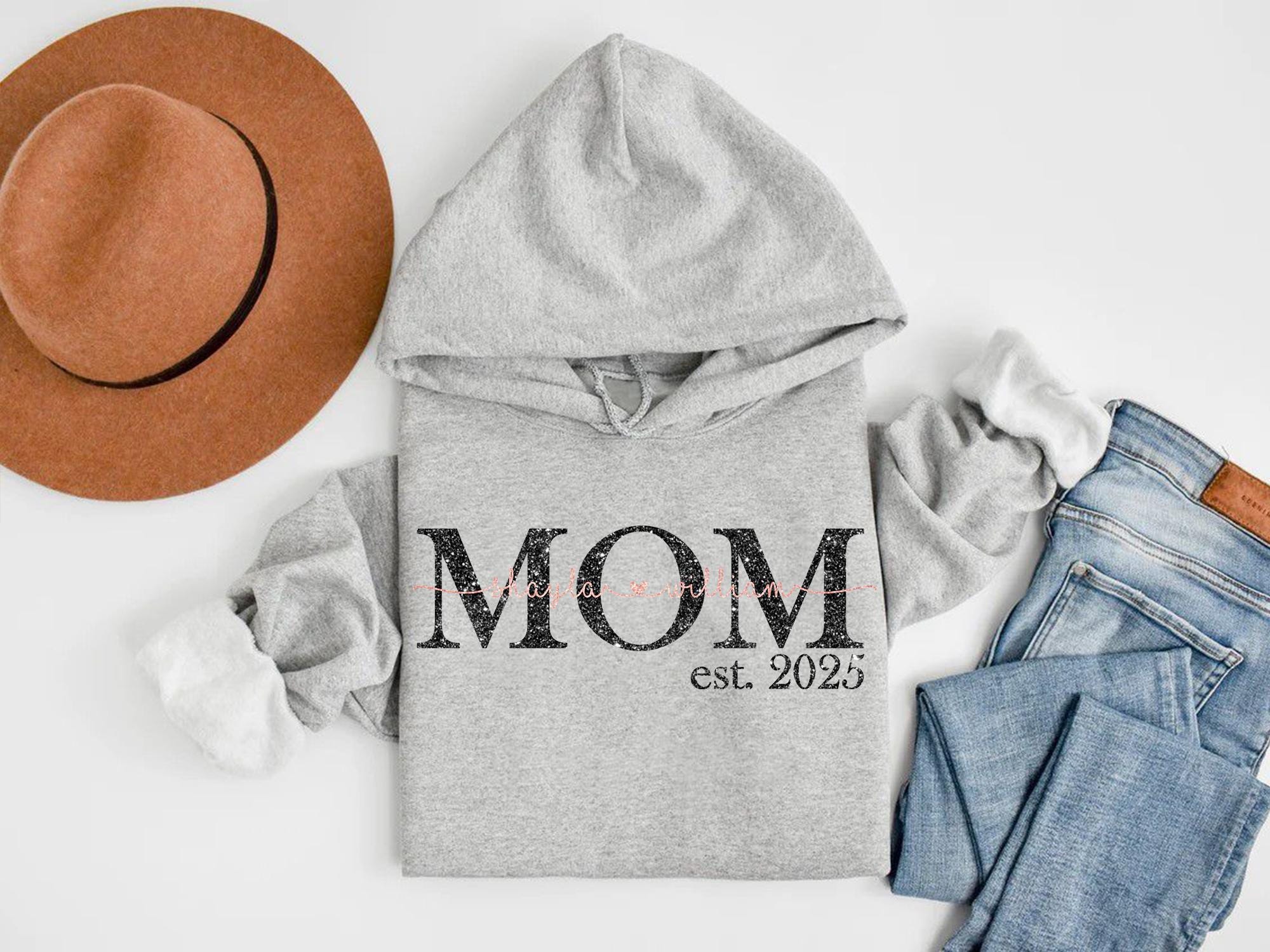 Mama Est Hoodie, Mom Glitter Established, Custom Year, Personalized Mama Sweater, New Mom To Be Gift, Mama Sweatshirt With Kids Names