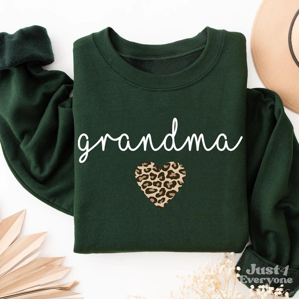 Grandma Sweatshirt with Leopard Heart, Gift for Grandma, Green Grandma Sweatshirt, Leopard Grandmother Pullover, Announcement Clothing Gifts