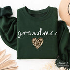 Grandma Sweatshirt with Leopard Heart, Gift for Grandma, Green Grandma Sweatshirt, Leopard Grandmother Pullover, Announcement Clothing Gifts